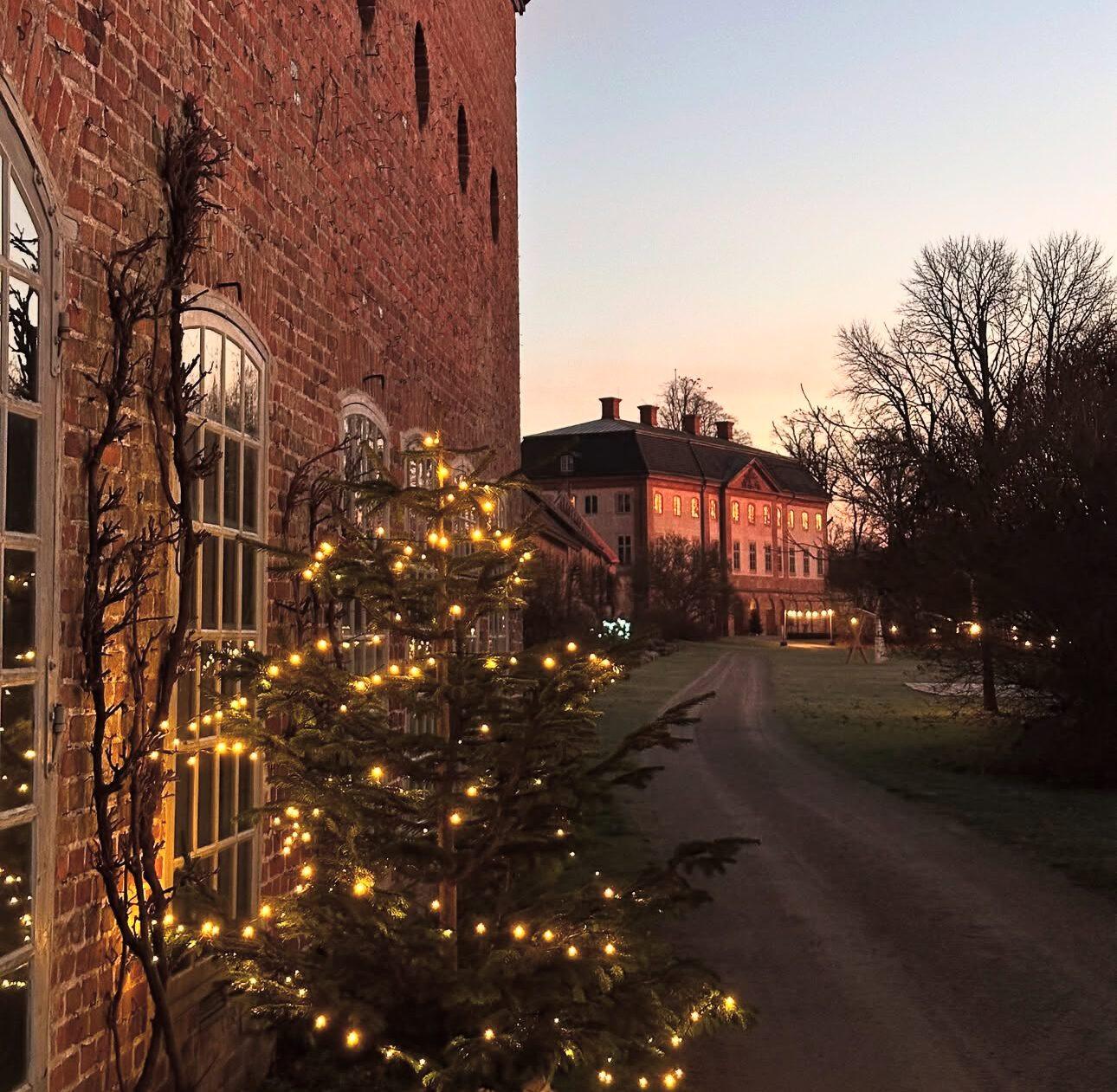 Tänd julgran vid tegelbyggnad med Övedskloster i skymningsljus i bakgrunden