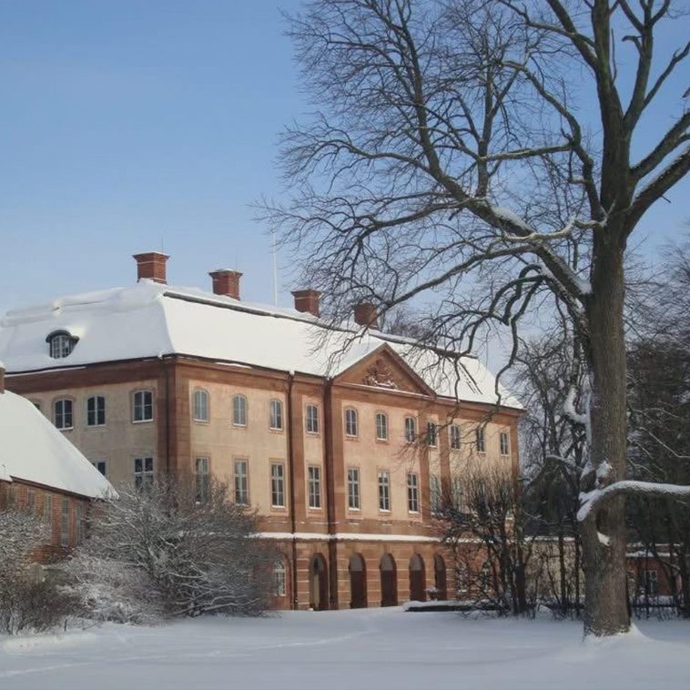 Övedsklosters huvudbyggnad och flygel i snö med ett snötäckt lövträd till höger under klar vinterhimmel